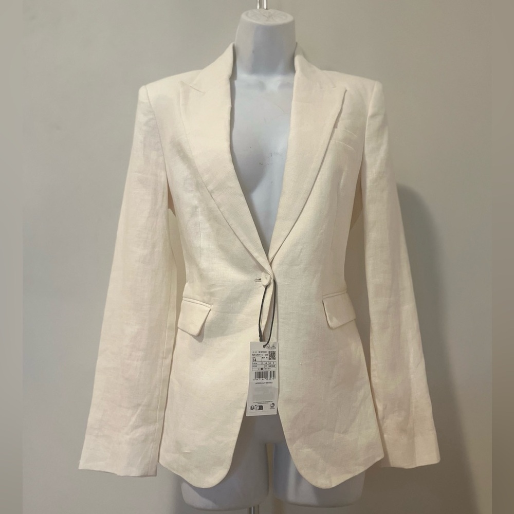 MANGO 100% Linen Lined Tailored Cream Jacket Suit Blazer 6